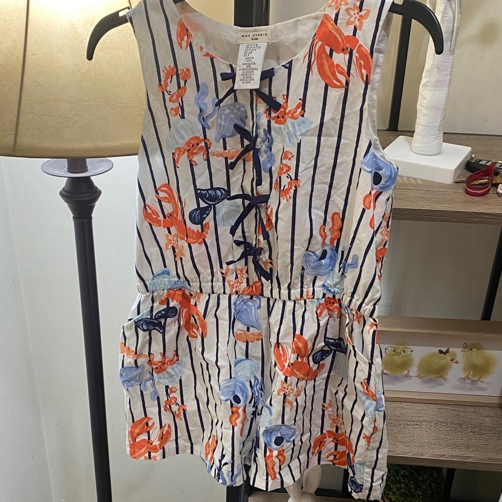 Max Studio Girls White Striped Romper with Orange & Blue Floral Print